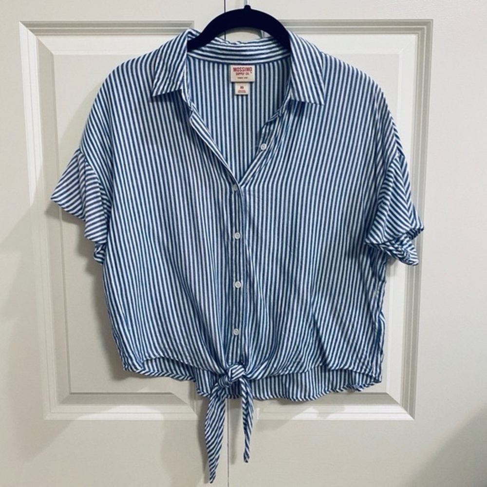 Mossimo Supply Co. Blue Striped Button Up Blouse with Tie in Front